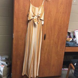 Spaghetti strap tie front mustard stripe JUMPSUIT